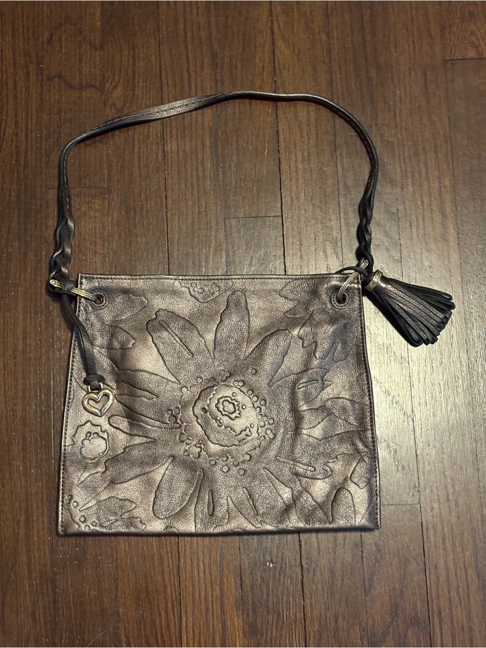 Brighton Metallic Taupe Floral-Embossed Shoulder Bag with Tassel